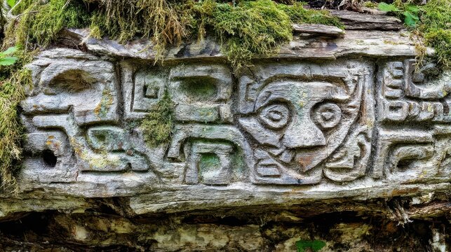 Intricate carvings on a large stone slab.