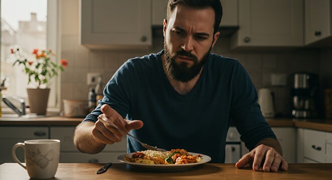 A man sits alone in his kitchen, looking thoughtfully at a plate of food, his expression conveying a mix of contemplation and perhaps slight