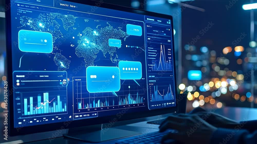 Poster futuristic digital interface displays complex data analytics in a high tech control room