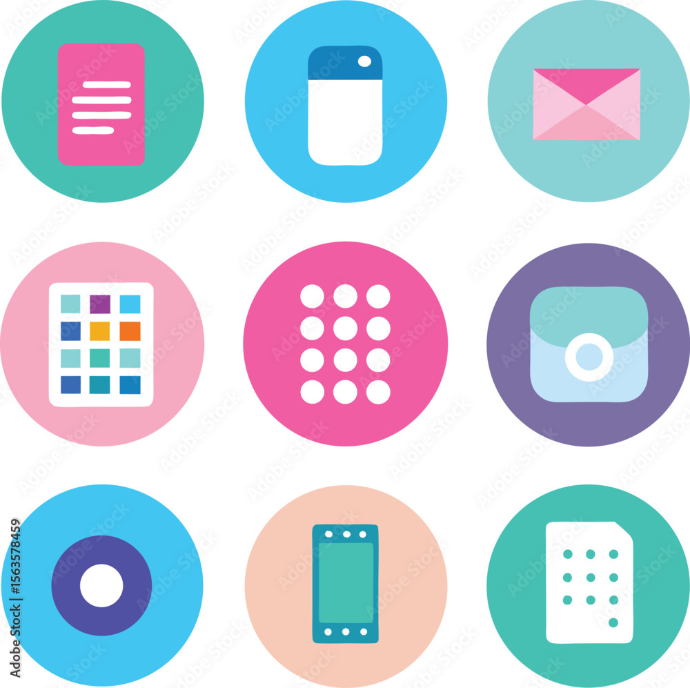 Poster collection of nine colorful circular icons representing various mobile applications and digital func