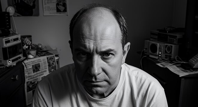 Pensive middle-aged man with receding hairline stares intensely into the camera, conveying a serious and thoughtful mood in a dimly lit room.