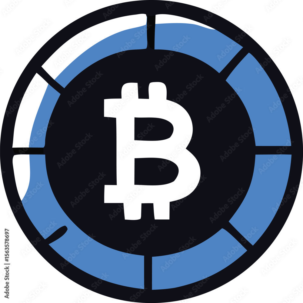 Poster modern stylized bitcoin logo with a segmented blue and white circular border on a dark background