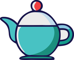 A stylized illustration of a modern teal and white teapot with a red and white knob on its lid and a dark blue outline