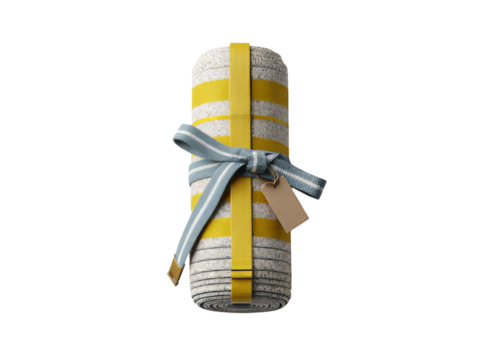 Rolled striped beach mat tied with ribbon and tag, Isolated On Transparent Background, Png Cut Out - Powered by Adobe