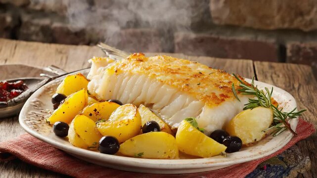 Portuguese bacalhau, salted cod fish served with potatoes and olives, rustic table with soft golden light illuminating the dish, Mediterranean vibe
