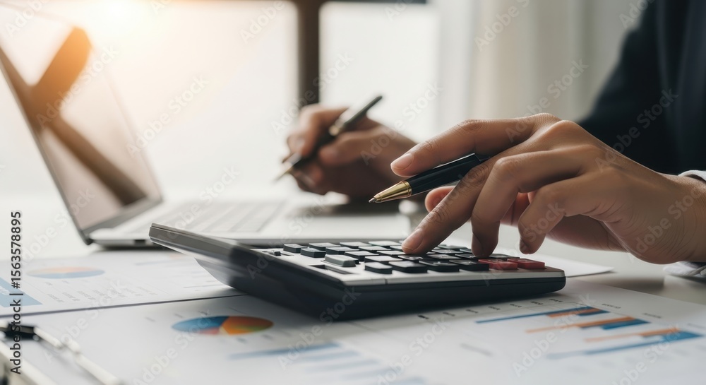 Poster person calculating data on a calculator while holding a pen, with laptop and charts in the backgroun