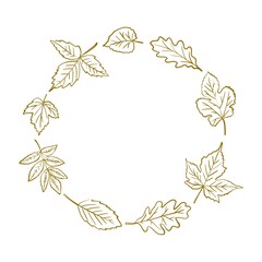 Wreath frame of outline golden autumn leaves, neatly arranged in a circle on a white background. Minimalistic style, perfect for decorating cards, prints, packaging. Seasonal design.