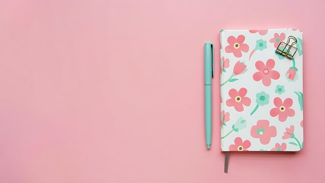 Cute floral notebook with a teal pen and gold binder clip on a pink background - Powered by Adobe