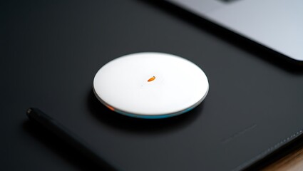 Modern white circular device with orange indicator light on a dark desk