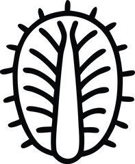 Stylized black and white illustration of a seed pod with radiating lines and outer spikes on a white background
