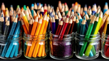 Colorful pencils arranged in glass jars on a dark background