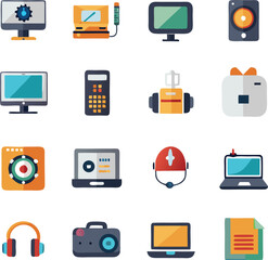 A vibrant collection of flat design icons representing various electronic devices and technology symbols on a clean white background