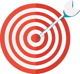 A perfectly aimed dart strikes the bullseye of a red and white circular target symbolizing success and precision