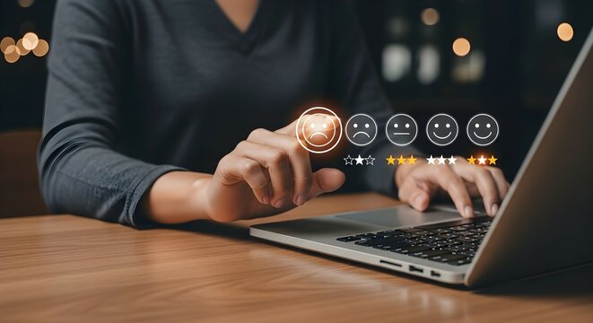A woman's hand touching a digital happy face emoji for five-star customer satisfaction survey on virtual screen. Online service feedback concept for business.