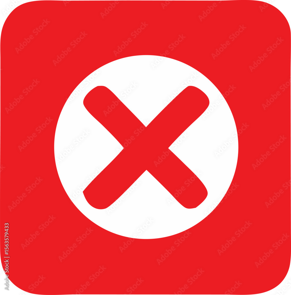 Poster a bold red square with rounded corners features a prominent white circle containing a thick white x 