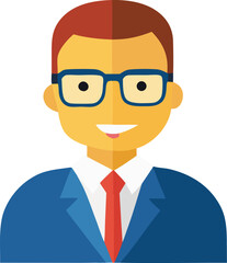 Friendly businessman with blue glasses and red tie wearing a blue suit representing professionalism and success