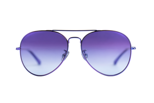 Stylish purple gradient aviator sunglasses isolated on black background.