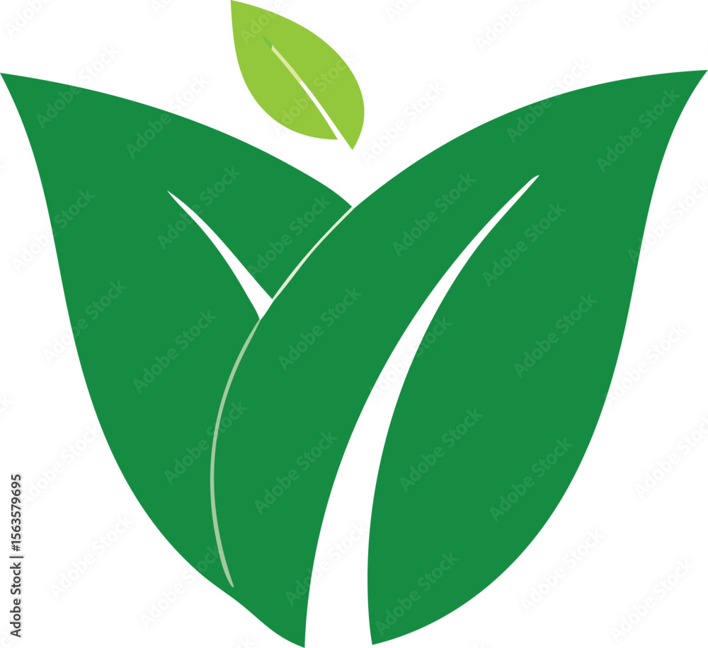 Poster abstract green leaves forming a dynamic upward reaching shape with a smaller leaf emerging from the 