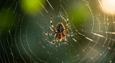 close up An intricate spider weaving its web in the early morning rays, silk threads glistening with tiny drops of water.
