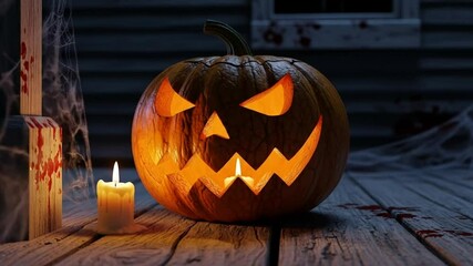 Creepy glowing jack o lantern with flickering candlelight on bloodstained wooden floor at night - Powered by Adobe