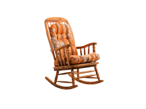 Comfortable wooden rocking chair with orange floral cushion, Isolated On Transparent Background, Png Cut Out