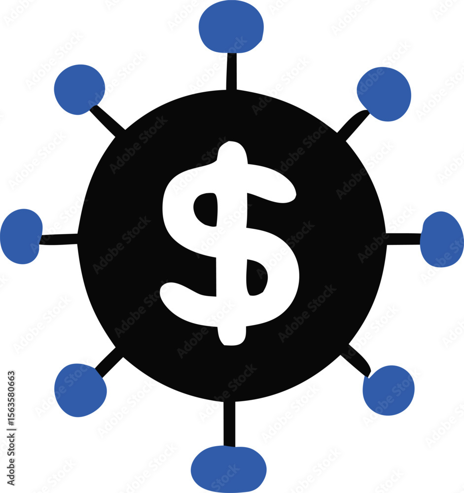 Poster abstract representation of a dollar sign at the center of a network with radiating blue nodes and co