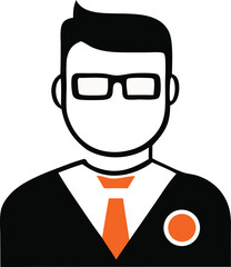 Stylized graphic representation of a person wearing glasses and a suit with an orange tie and a circular lapel pin