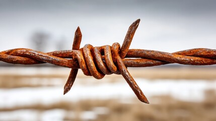 Close-up of rusted barbed wire with a blurred background, emphasizing texture and weathered metal
