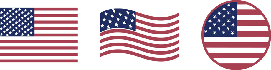 USA flag icon vector, American flag USA flag design vector illustration. USA national flag symbol. Wavy USA flag labels set