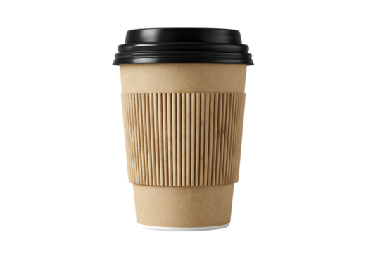 Kraft paper coffee cup with black lid and cardboard sleeve.