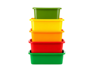 Stacked colorful plastic storage bins containers boxes, Isolated On Transparent Background, Png Cut Out