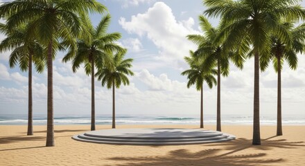 Obraz premium Tropical Beach Stage Surrounded by Palm Trees and Ocean View