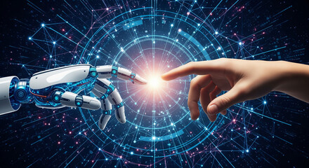 AI, Machine learning, Hands of robot and human touching on big data network connection background, Science and artificial intelligence technology, innovation and futuristic.High resolution.Ar16:9