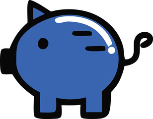 A simple stylized blue piggy bank with a black outline and a playful wink isolated on a white background