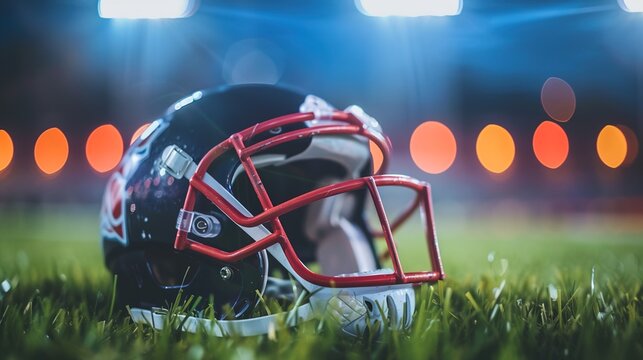 American football helmet lying on green field with cleat marks, ready for next play. Sports equipment, athletic competition, team spirit and determination in professional game.
