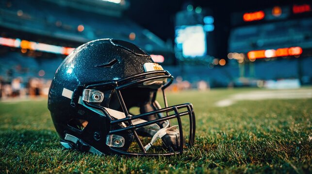 American football helmet lying on green field with cleat marks, ready for next play. Sports equipment, athletic competition, team spirit and determination in professional game.
