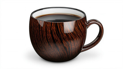A dark brown, wood-grain patterned coffee cup, filled with black coffee
