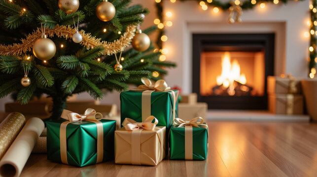 Cozy Christmas scene with beautifully wrapped green and gold gifts under decorated tree, glowing fireplace, and warm holiday ambiance