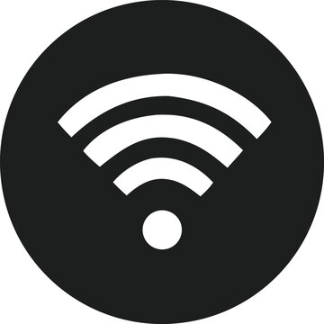 A minimalist black circle icon featuring a white wi fi signal symbol with three radiating waves and a central dot