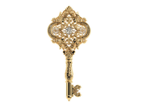 Ornate gold key with diamond accents luxurious design, Isolated On Transparent Background, Png Cut Out