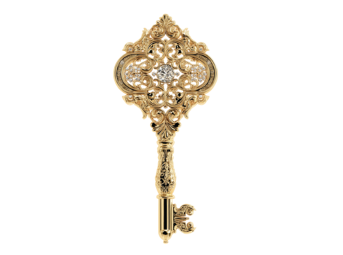 Ornate gold key with diamond accents luxurious design, Isolated On Transparent Background, Png Cut Out
