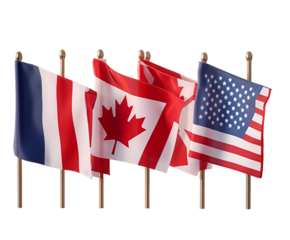 Flags of France Canada and the United States with golden poles on transparent background