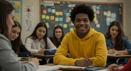 realistic Multi ethnic teenager students taking exam at High School Technical preparation course for University. Creative Banner. Copyspace image
