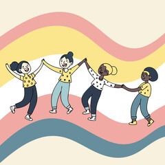 Four Diverse Women Joyfully Dancing Pastel Wave Background Yellow Blue Pink Clothes