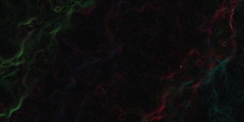 Nebula like formation with swirling wisp like elements in green red and blue tones against a black backdrop artistic presentation