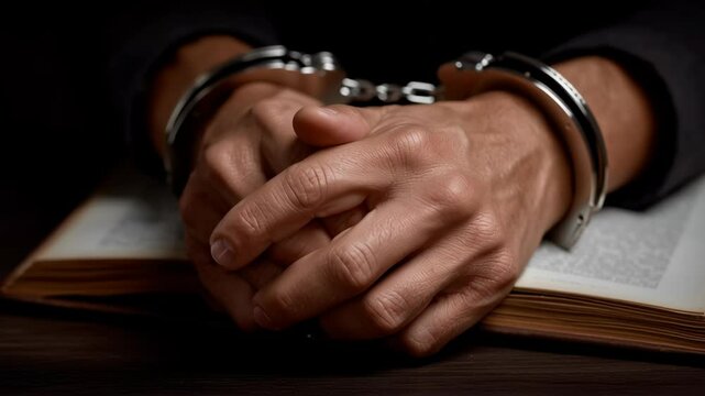 Handcuffed Hands Resting on Open Legal Book in Courtroom Context