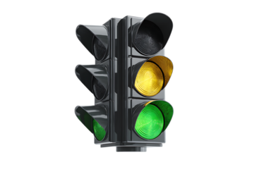 Traffic light showing yellow and green lights.