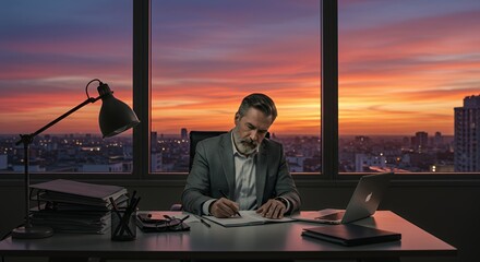 Serene Sunset Hues Illuminate a Focused Executive Working Late in His Modern Office