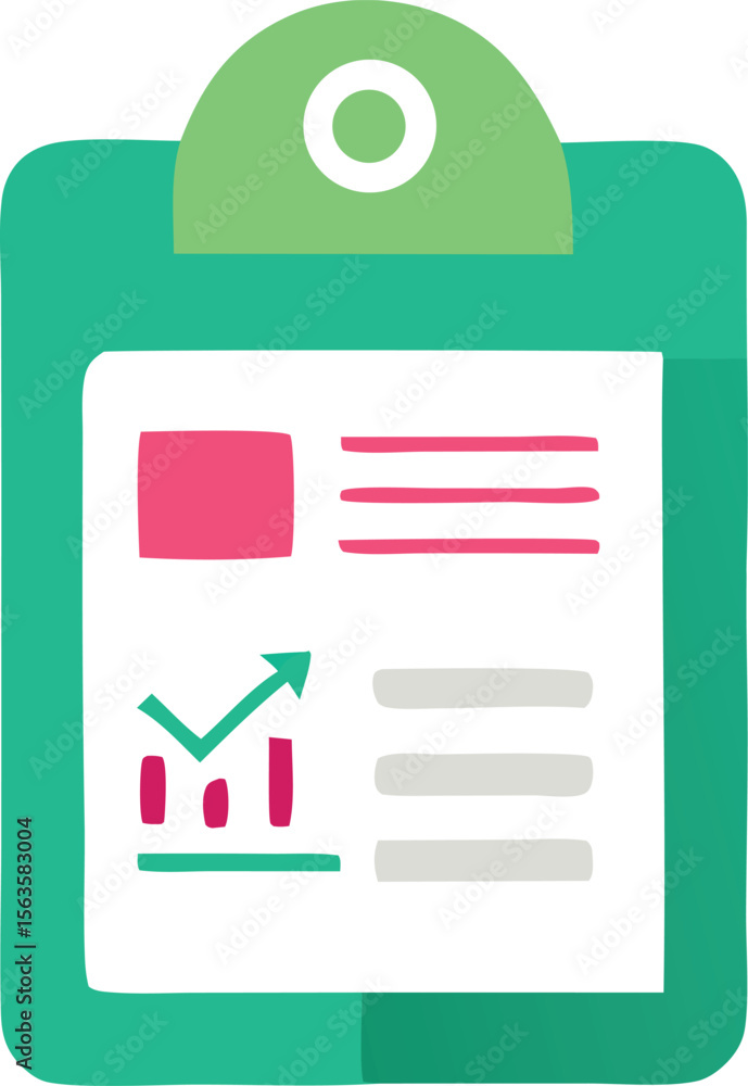Poster flat design illustration of a clipboard with a financial report featuring a bar chart and growth arr