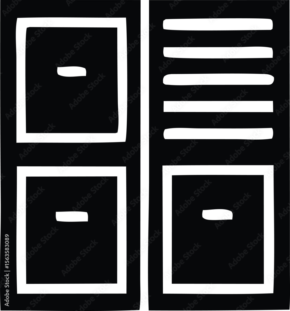 Poster abstract minimalist design featuring bold white geometric shapes against a stark black background wi